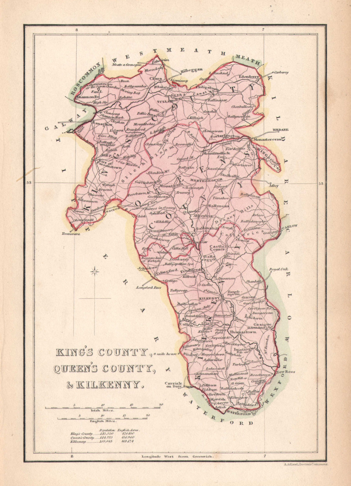 Antique KING'S & QUEEN'S COUNTY & KILKENNY map. ADLARD. Offaly Laois c1841