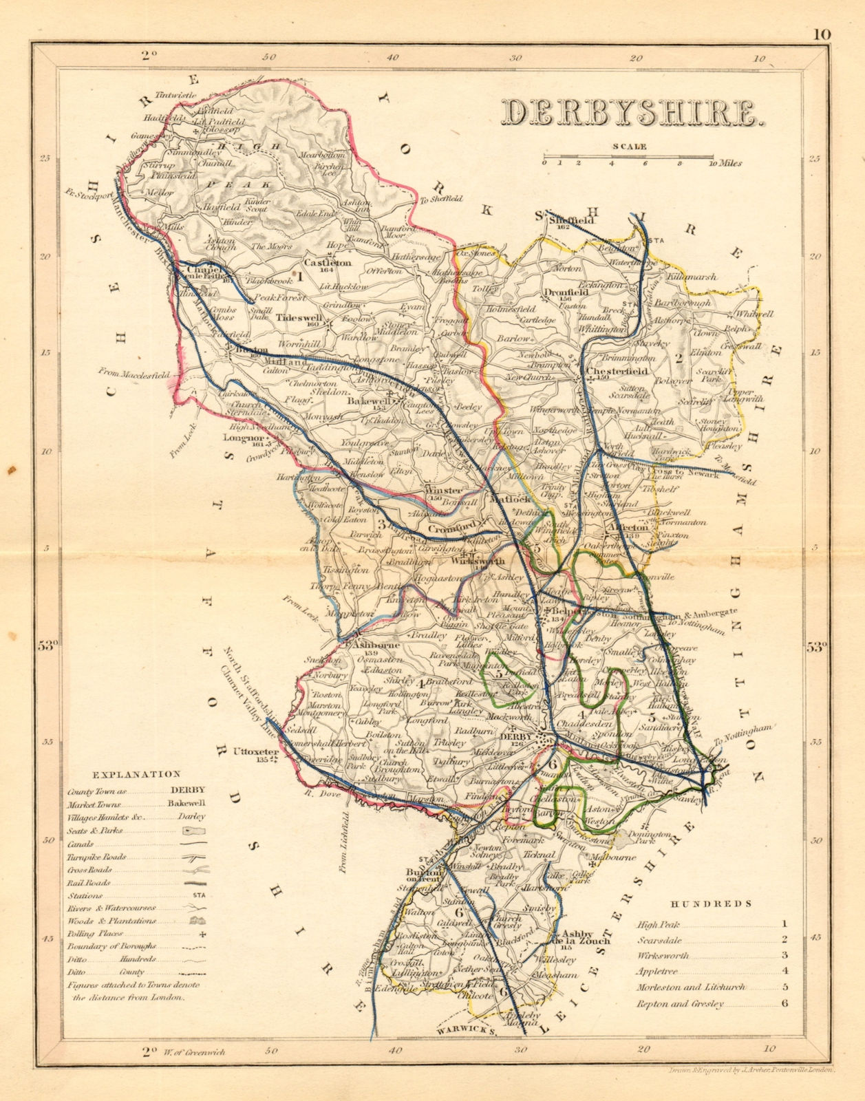 DERBYSHIRE county map by ARCHER & DUGDALE. Peak District. Polling places 1845
