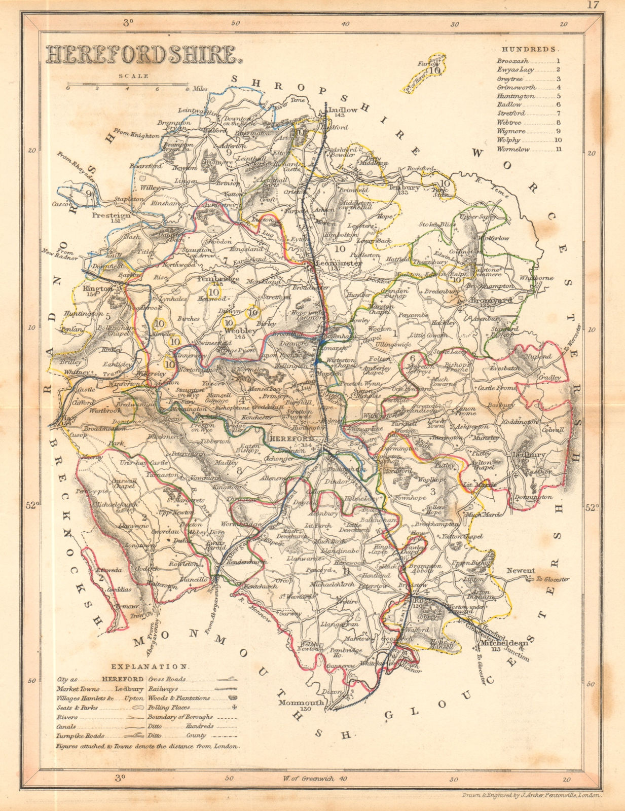 HEREFORDSHIRE county map by ARCHER & DUGDALE. Seats canals polling places 1845
