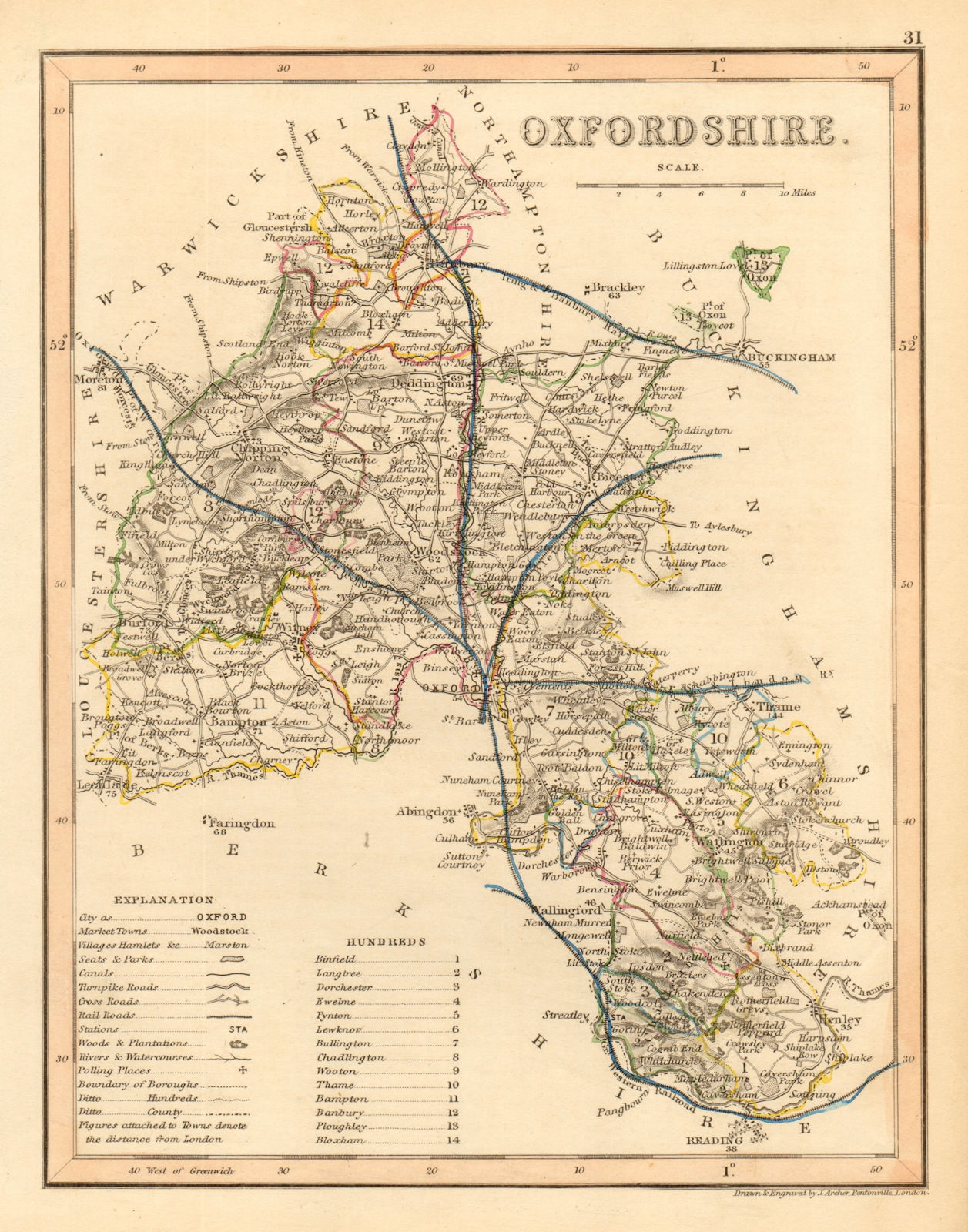 OXFORDSHIRE county map by ARCHER & DUGDALE. Seats canals polling places 1845