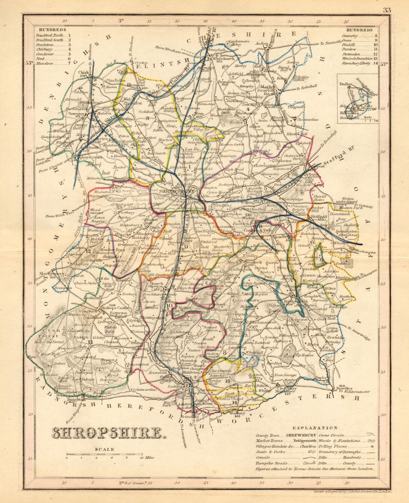 SHROPSHIRE county map by ARCHER & DUGDALE. Seats canals polling places 1845