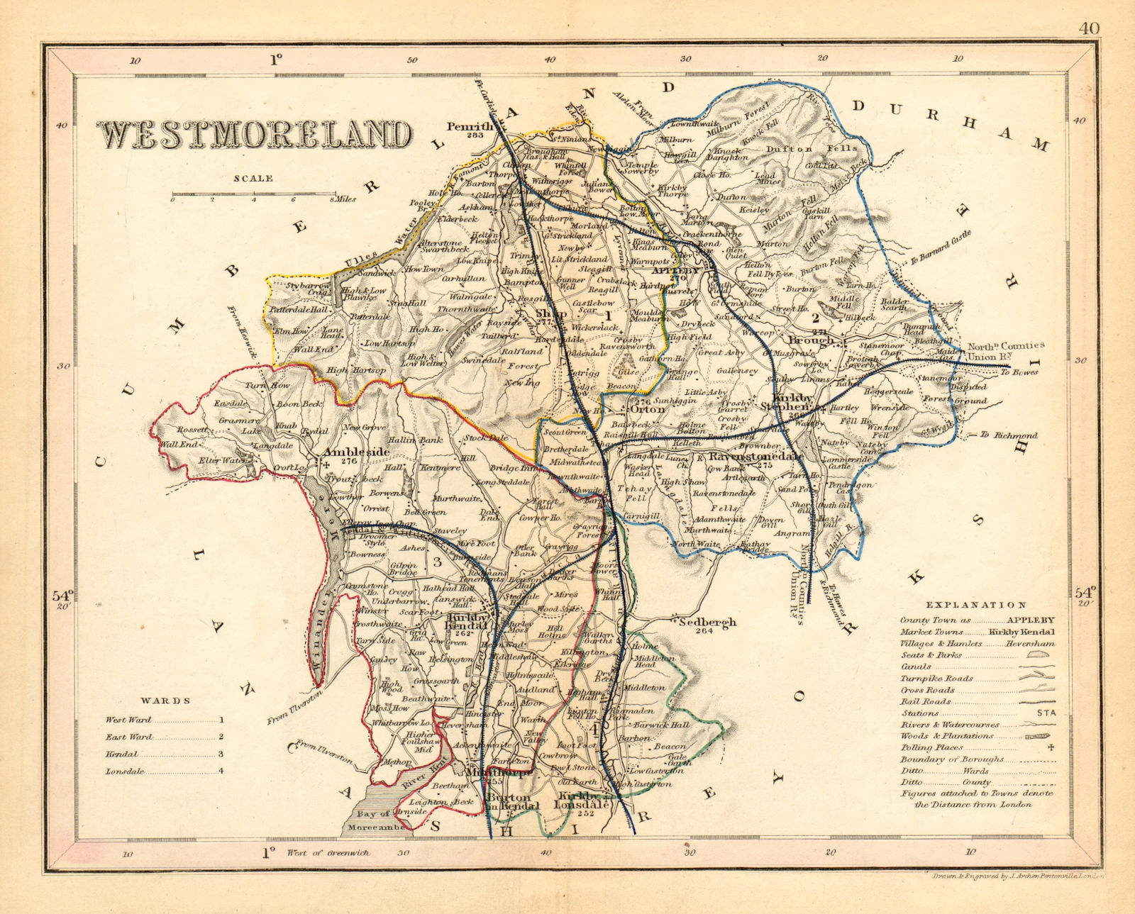 Associate Product WESTMORELAND county map by ARCHER & DUGDALE. Lake District. Canals seats 1845