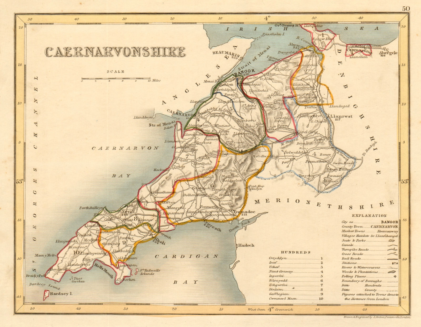 CAERNARVONSHIRE county map by ARCHER & DUGDALE. Caernarfonshire. Seats 1845