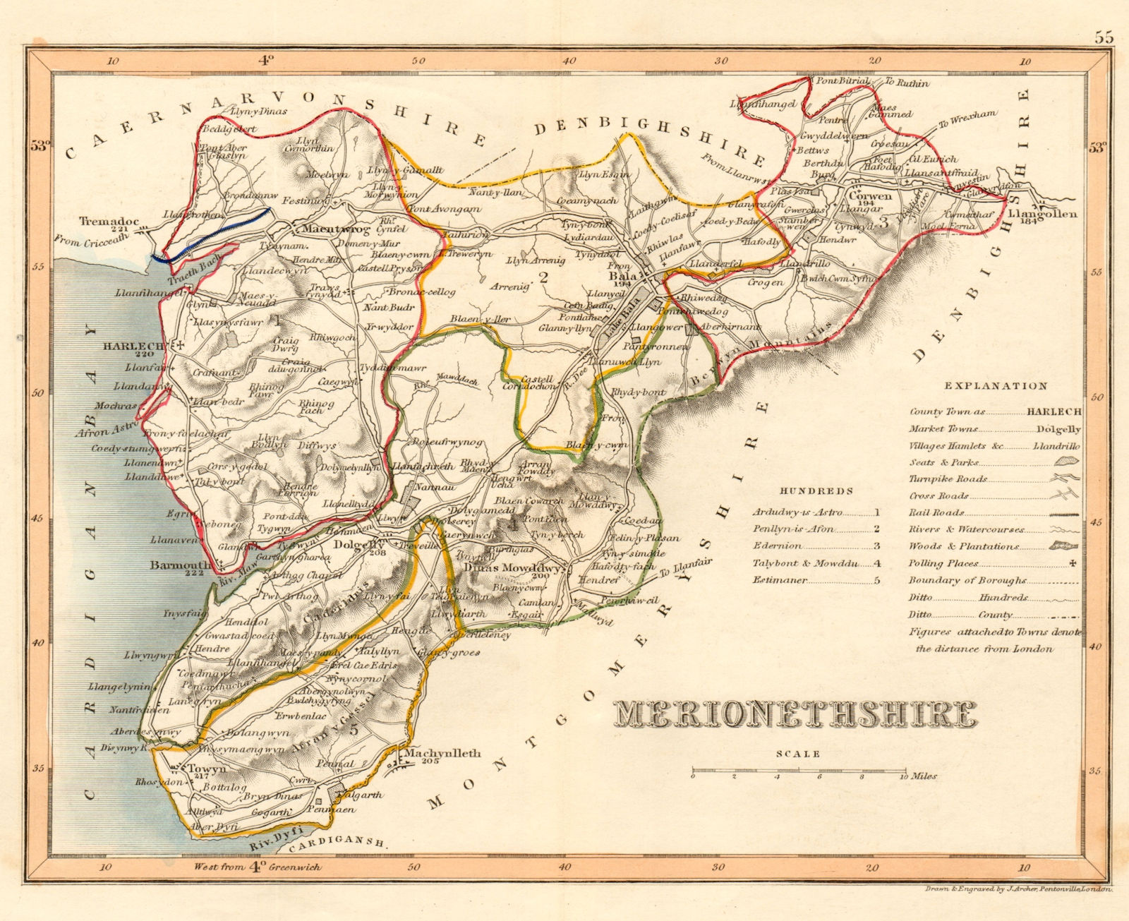 MERIONETHSHIRE county map by ARCHER & DUGDALE. Seats canals polling places 1845