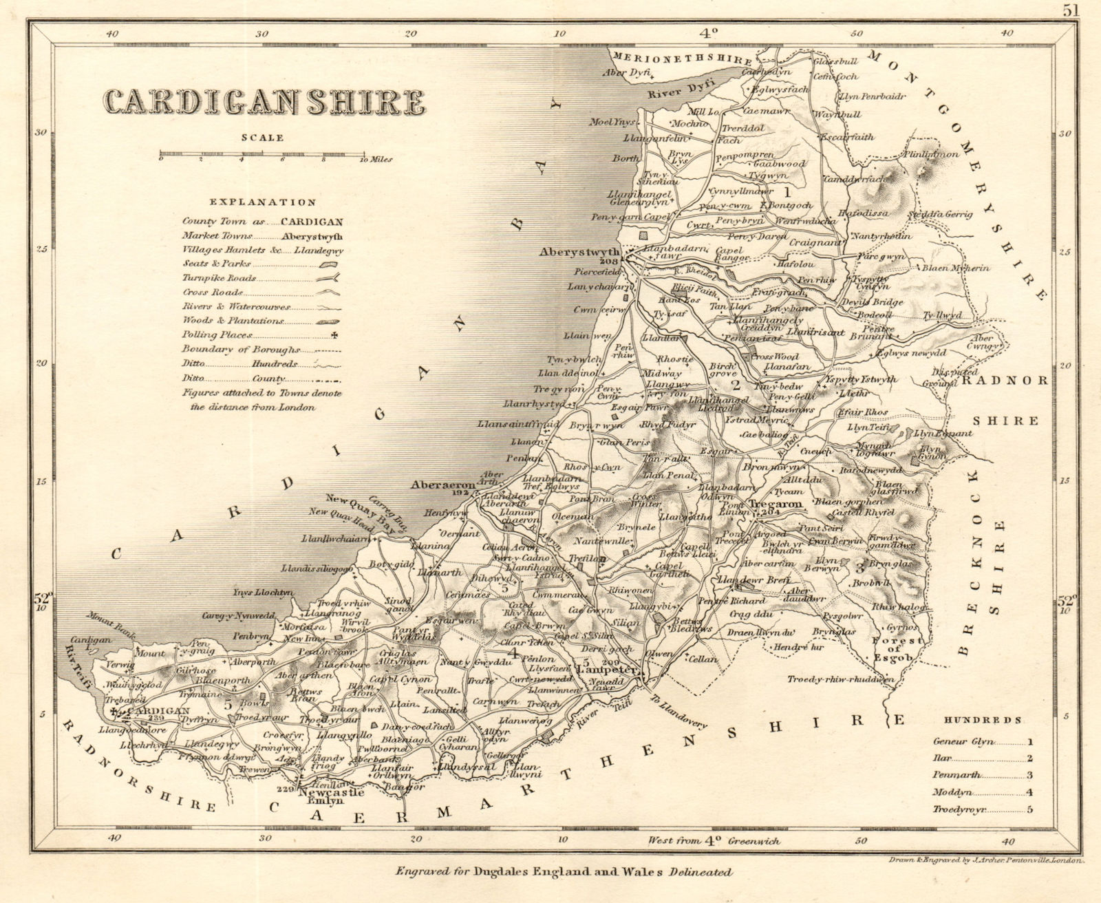 CARDIGANSHIRE county map by DUGDALE/ARCHER. Seats canals polling places 1845