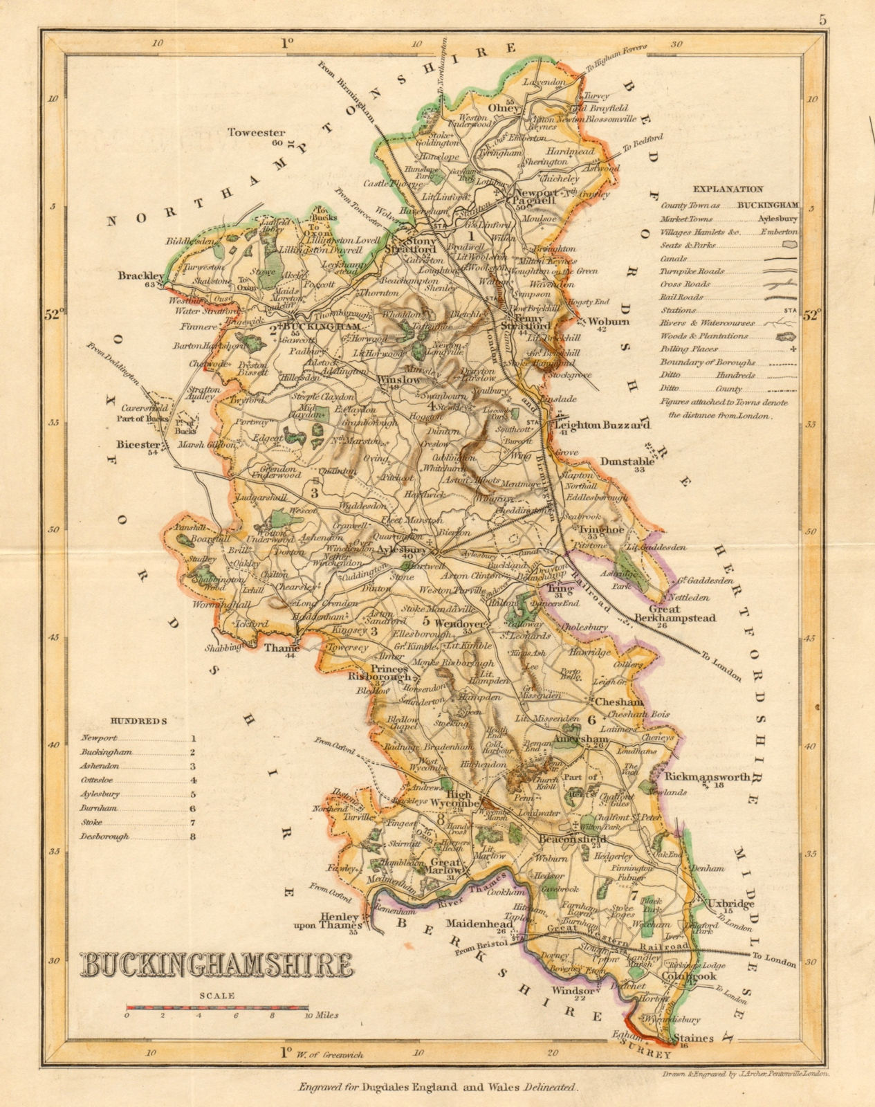 BUCKINGHAMSHIRE county map. ARCHER & DUGDALE. Seats canals polling places c1845
