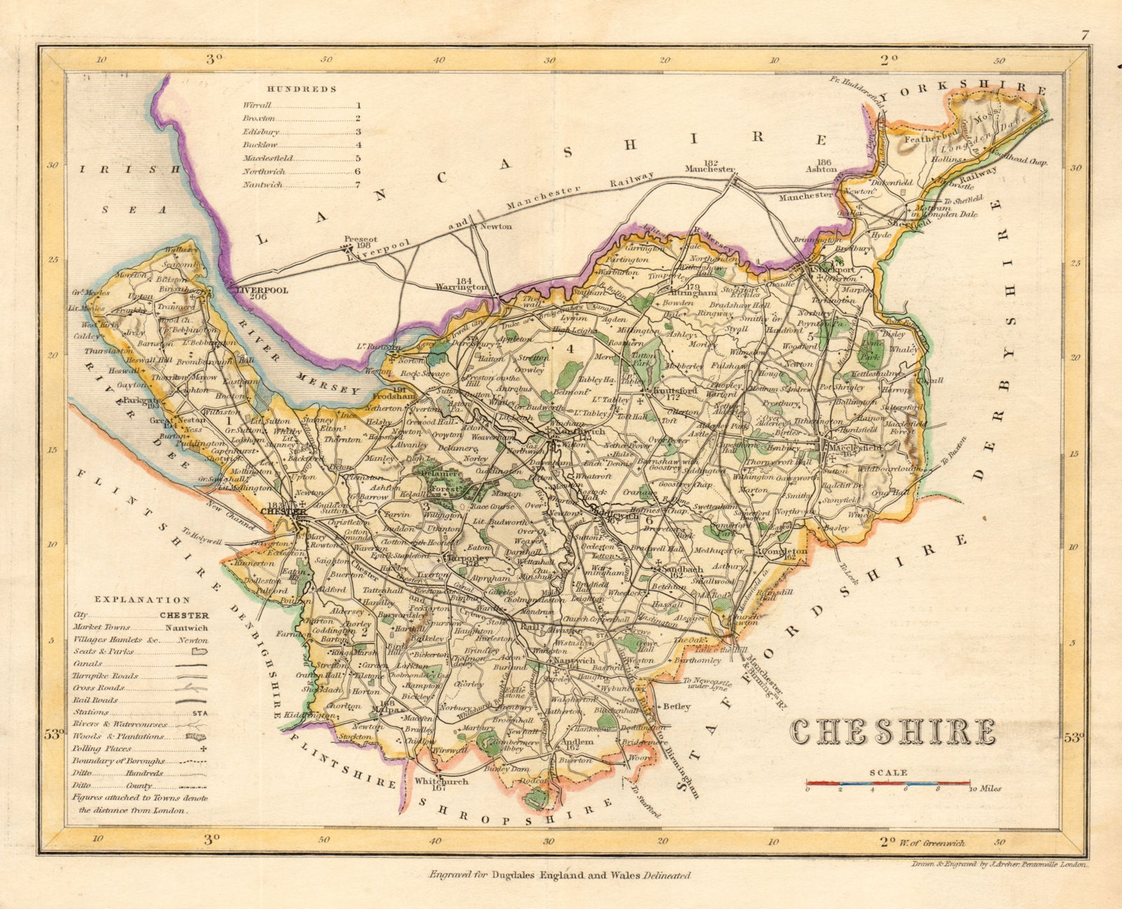 CHESHIRE county map. ARCHER & DUGDALE. Seats canals polling places c1845