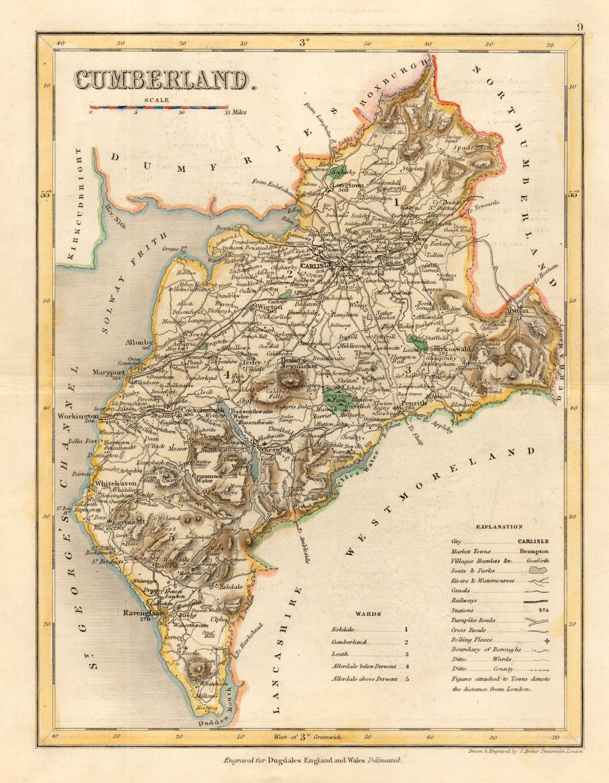 CUMBERLAND county map by ARCHER & DUGDALE. Cumbria & Lake District. Seats c1845