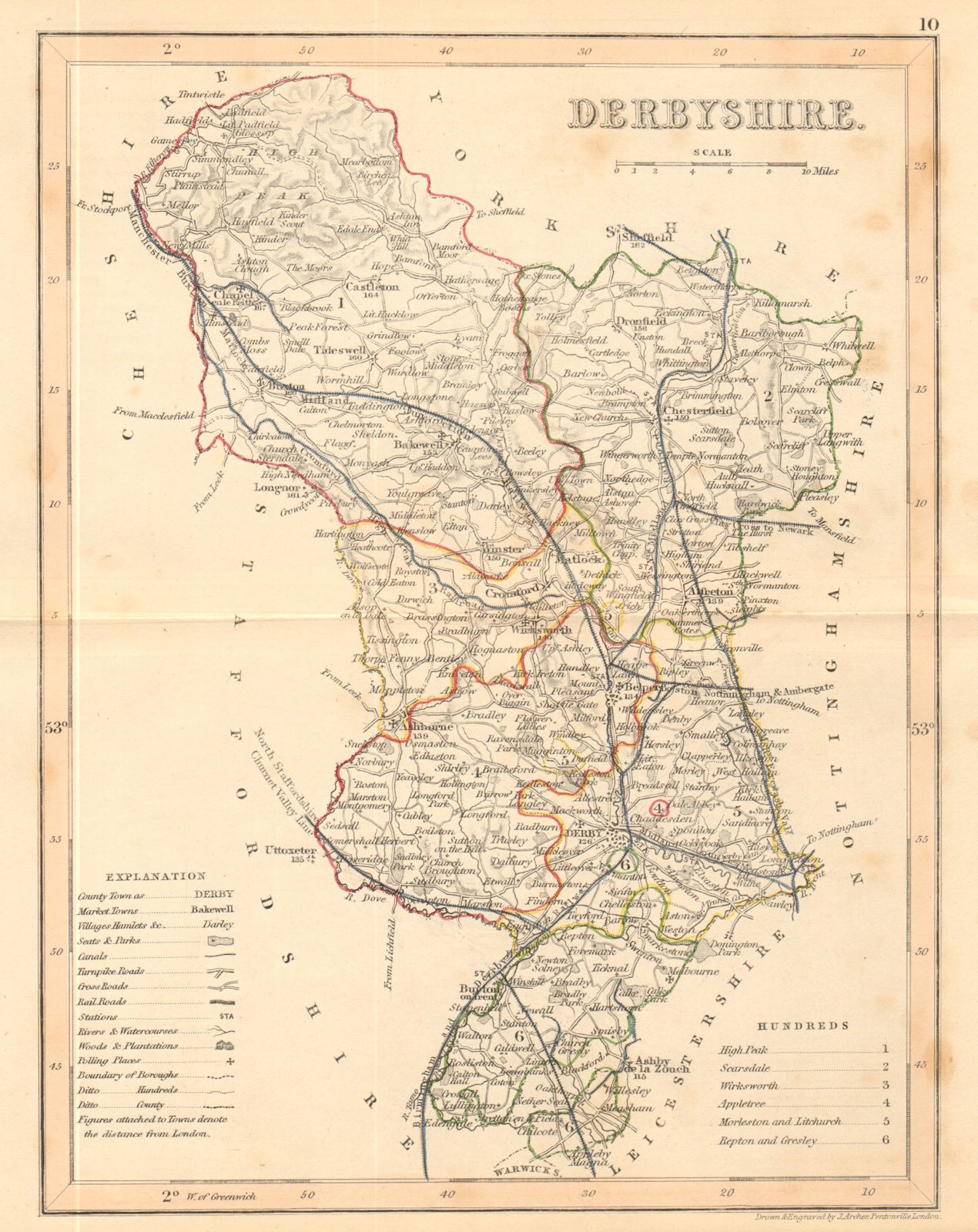 DERBYSHIRE county map by ARCHER & DUGDALE. Peak District. Polling places c1845