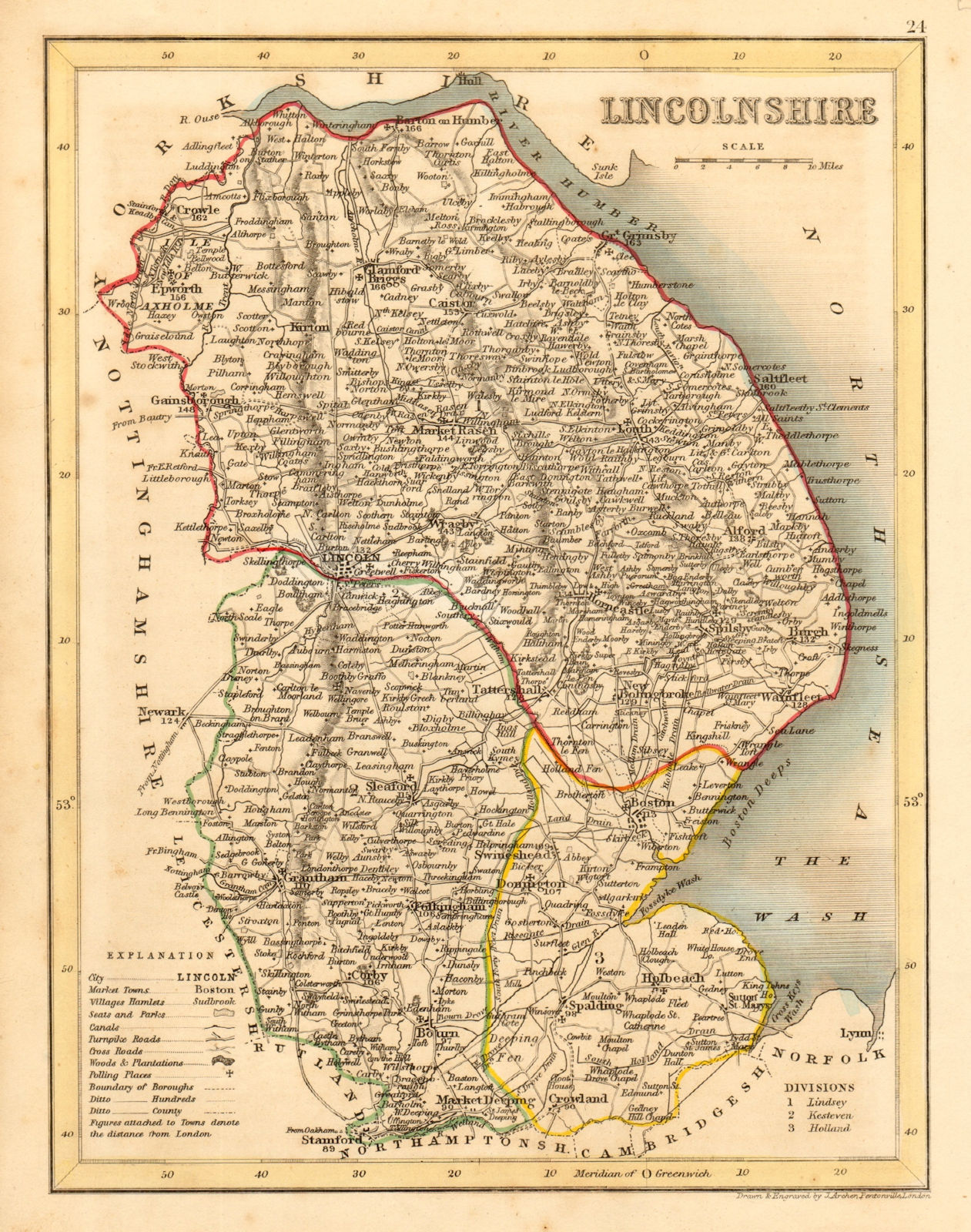 LINCOLNSHIRE map by ARCHER & DUGDALE. Seats canals polling places c1845