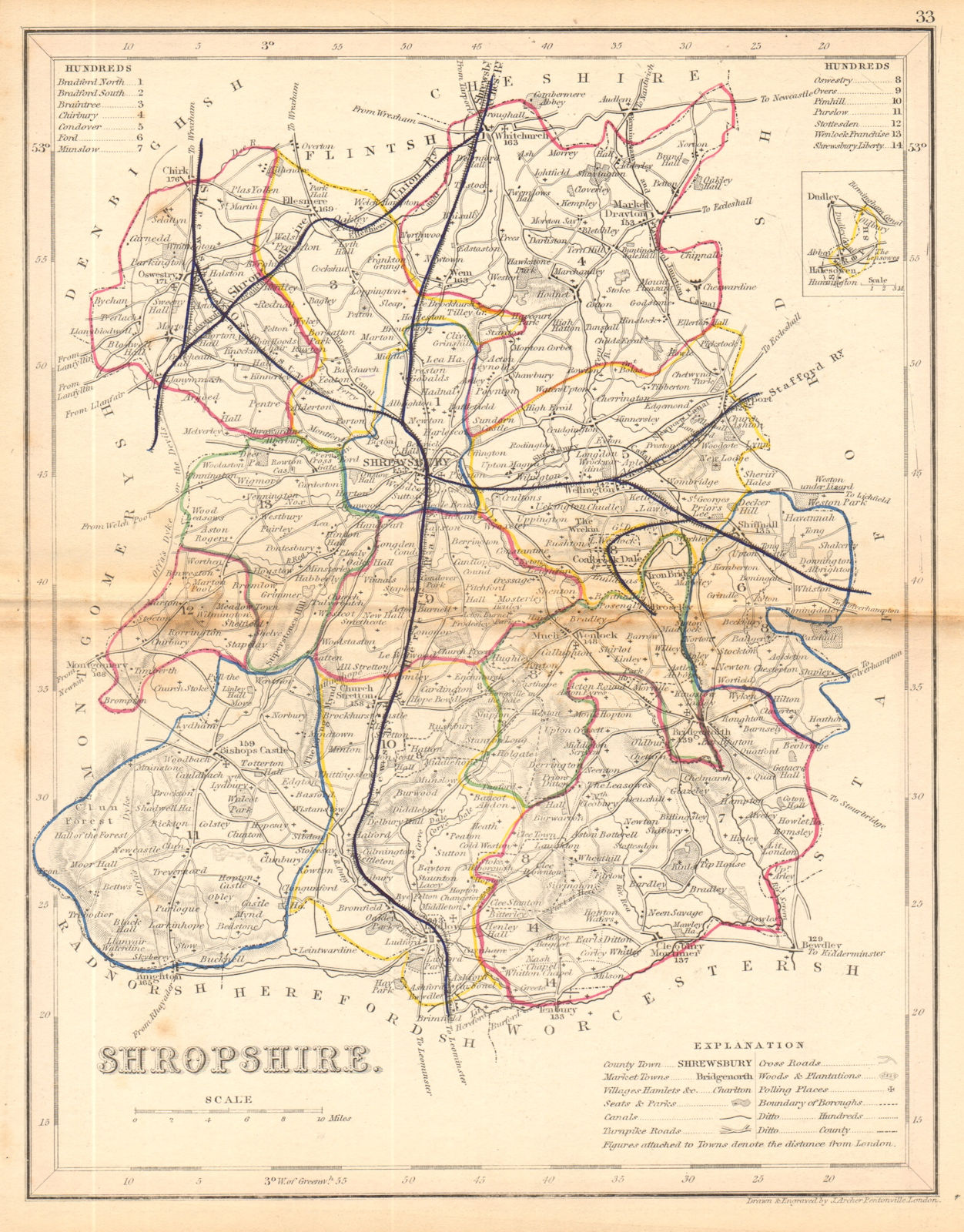Associate Product SHROPSHIRE county map by ARCHER & DUGDALE. Seats canals polling places c1845