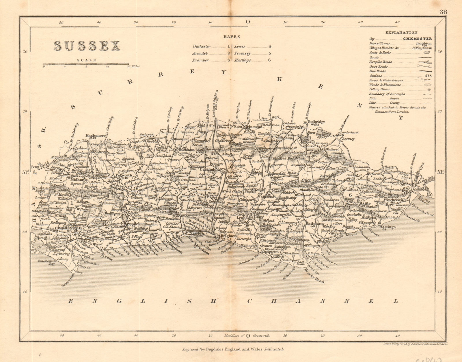 Associate Product SUSSEX county map by ARCHER & DUGDALE. Seats polling places canals c1845