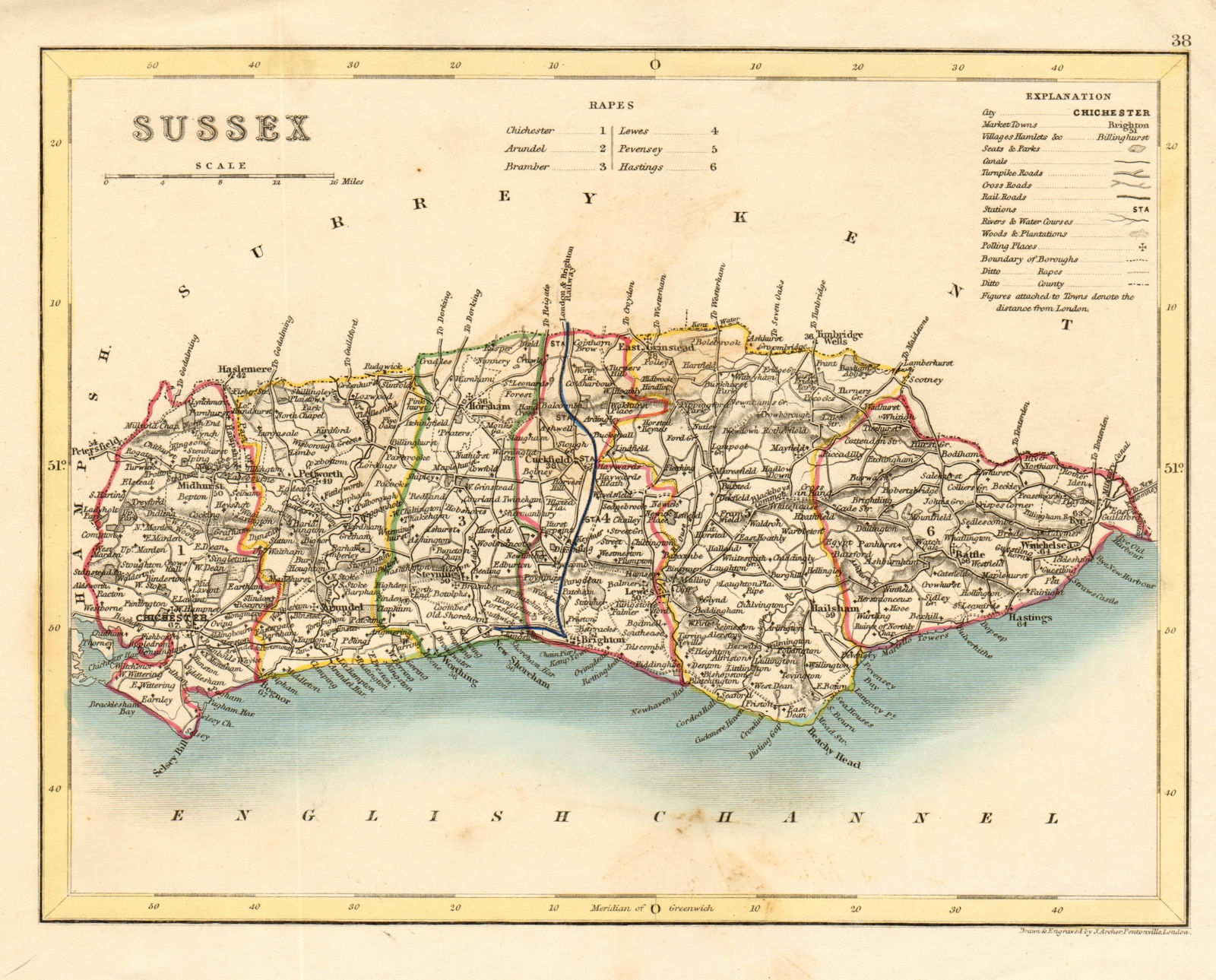 SUSSEX county map by ARCHER & DUGDALE. Canals polling places seats c1845