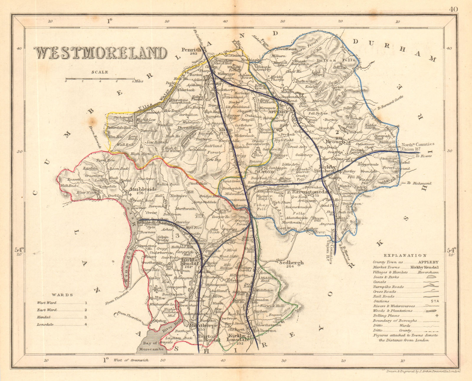 WESTMORELAND county map by ARCHER & DUGDALE. Lake District. Canals seats c1845