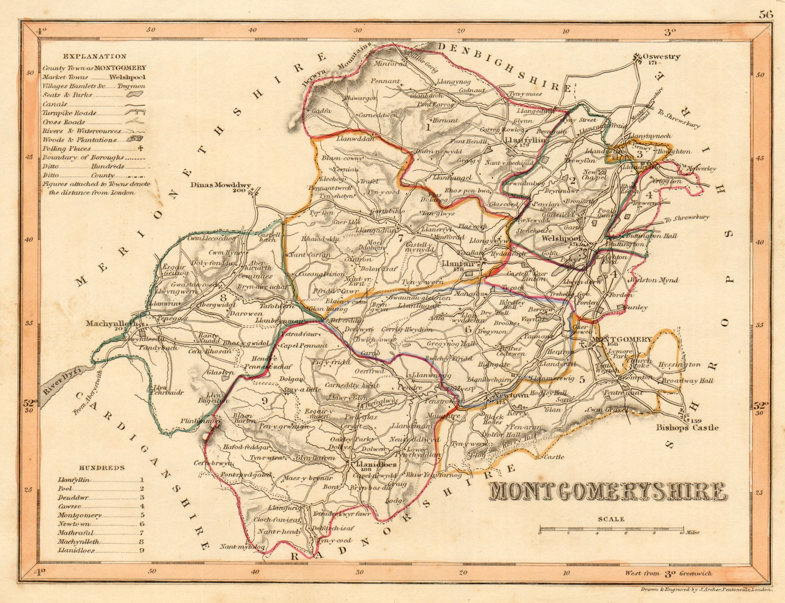MONTGOMERYSHIRE county map by ARCHER & DUGDALE. Canals polling places c1845