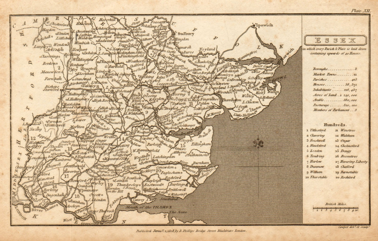 Antique county map of ESSEX by Henry Cooper for Benjamin Pitts Capper 1808