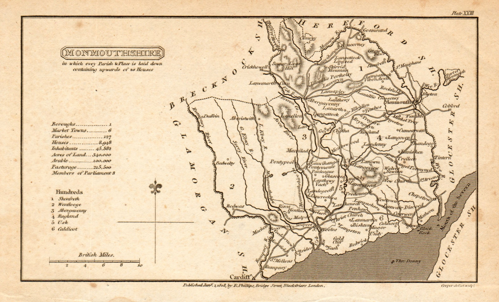 Associate Product Antique county map of MONMOUTHSHIRE by Henry Cooper for Benjamin Capper 1808