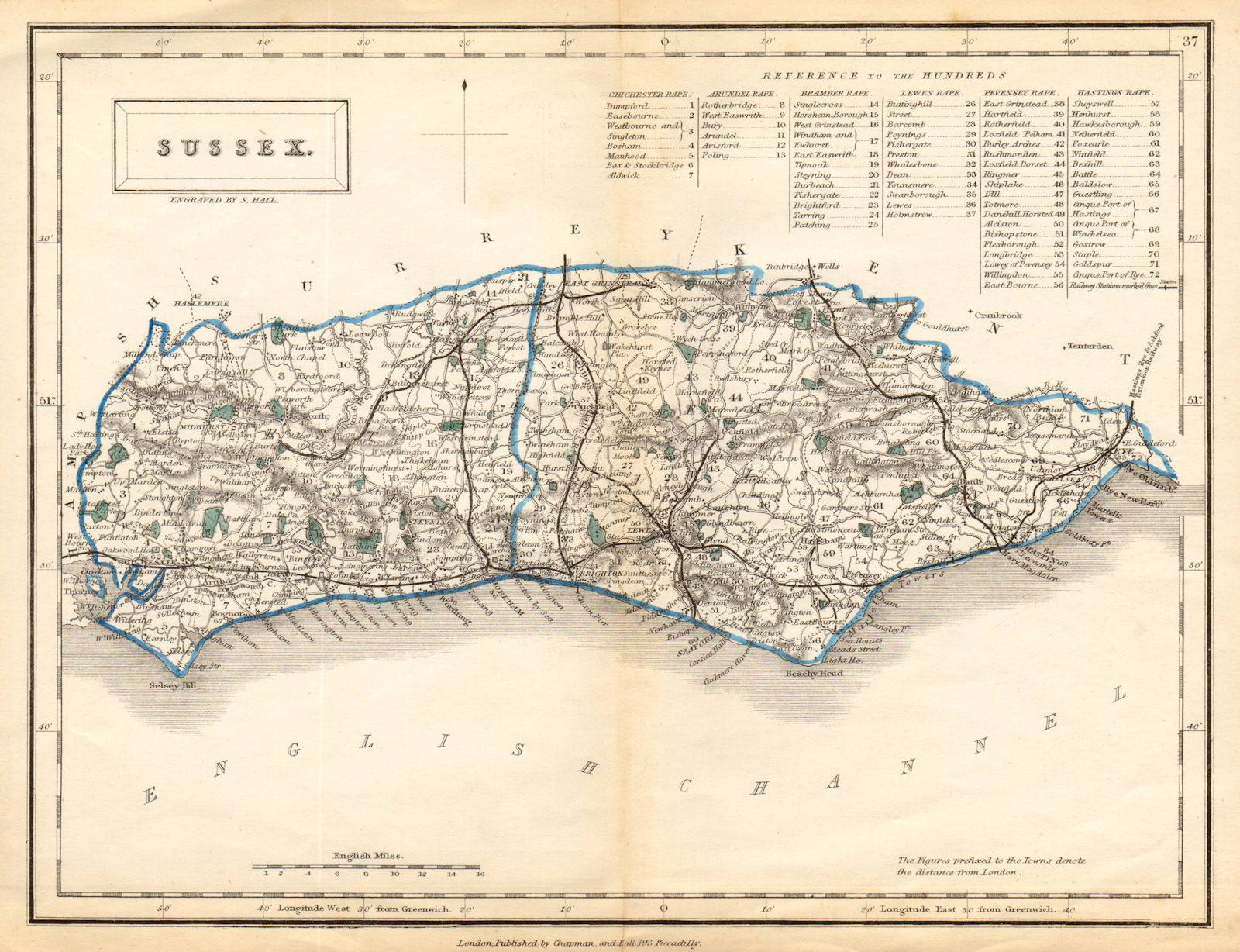 Antique county map of SUSSEX by Sidney Hall c1830 old plan chart