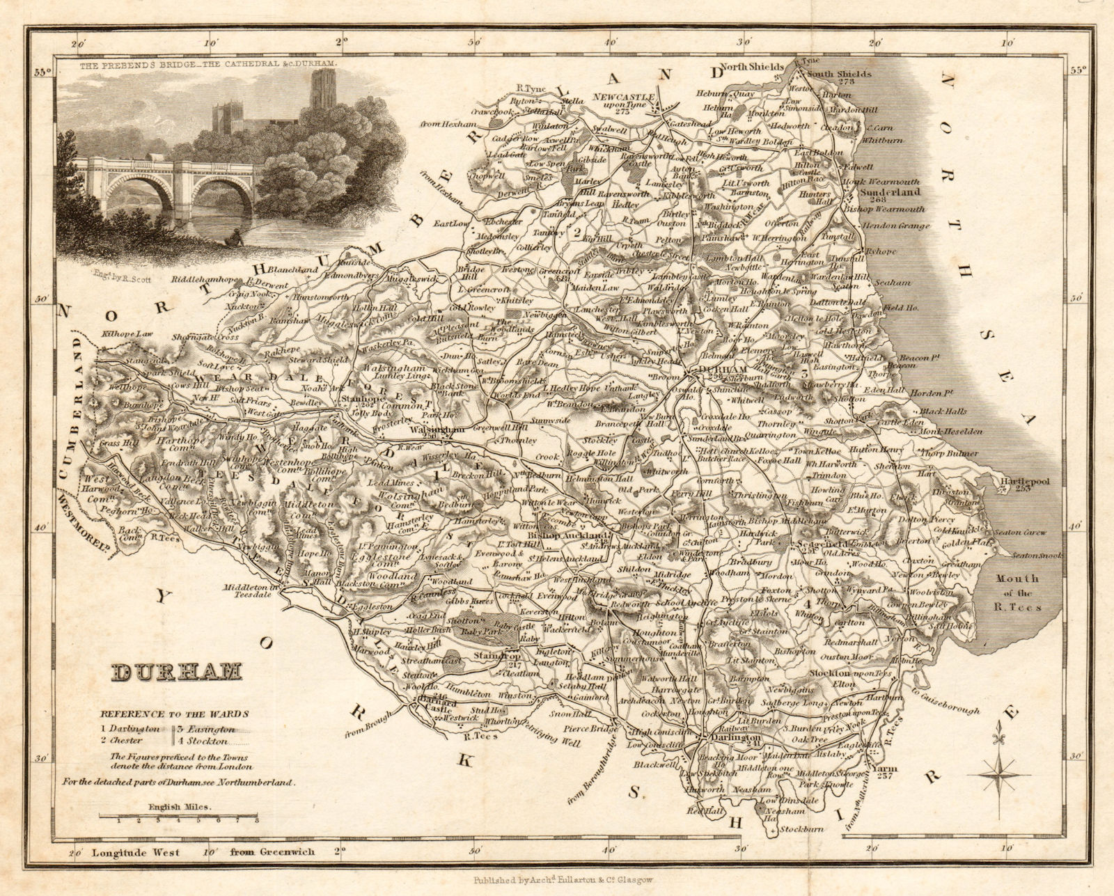 Antique county map of Durham by Archibald Fullarton c1833 old