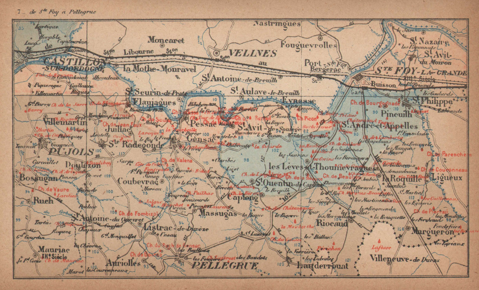 BORDEAUX WINE MAP Entre-deux-mers. Castillon Pujols chateaux. COCKS & FERET 1898