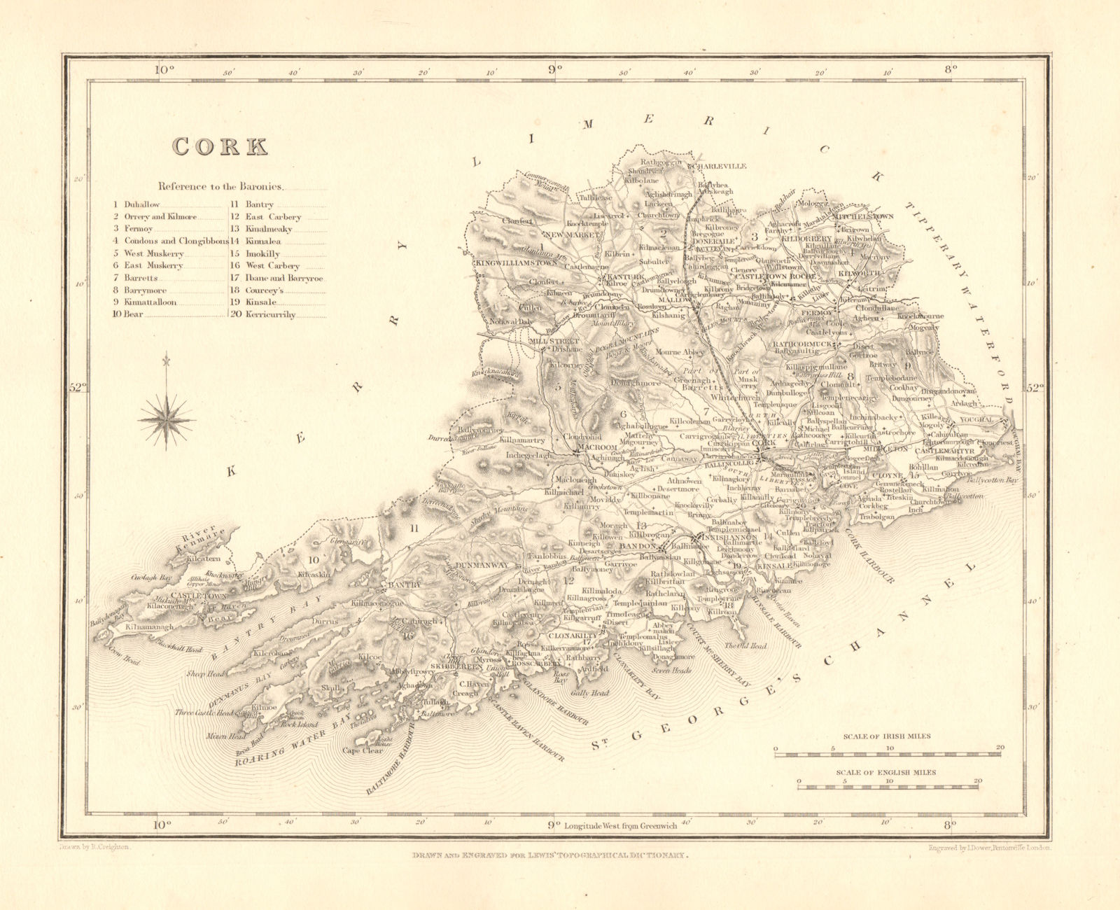 COUNTY CORK antique map for LEWIS by CREIGHTON & DOWER - Ireland 1846 old