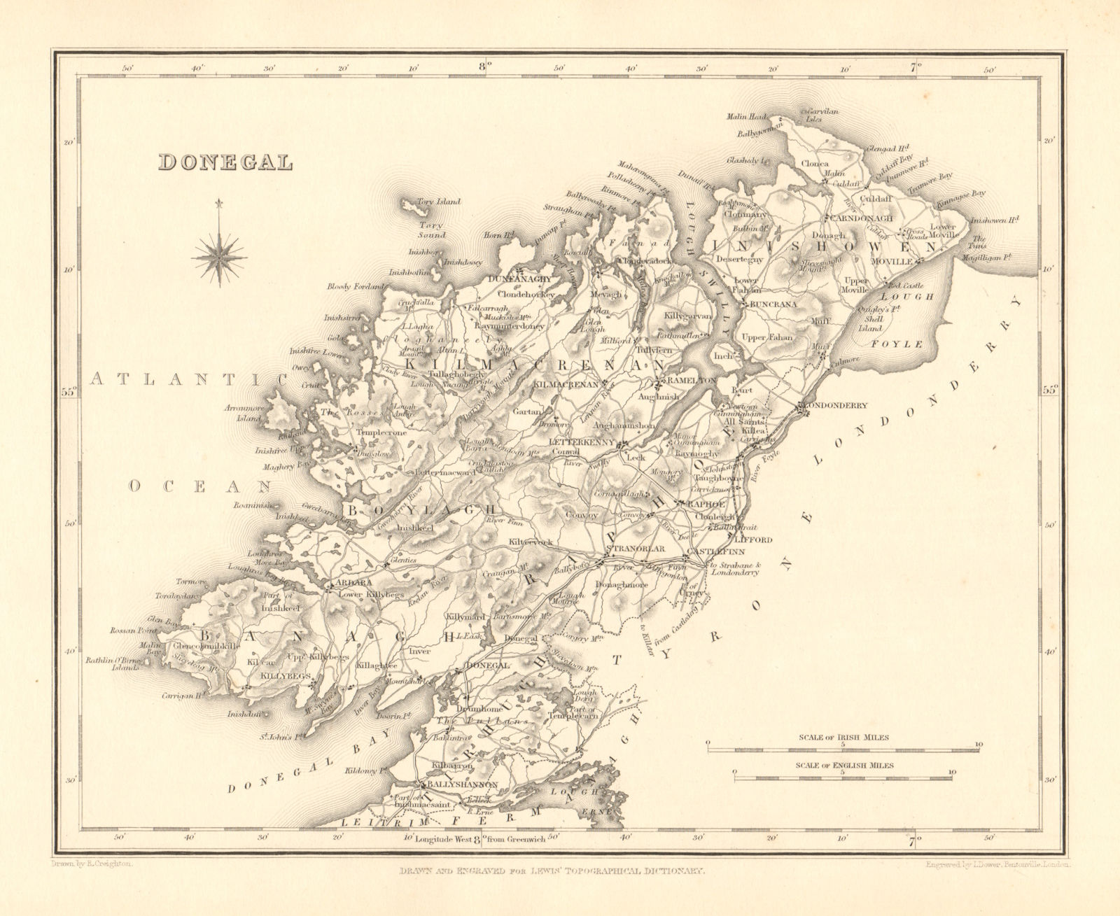 COUNTY DONEGAL antique map for LEWIS by CREIGHTON & DOWER - Ireland 1846