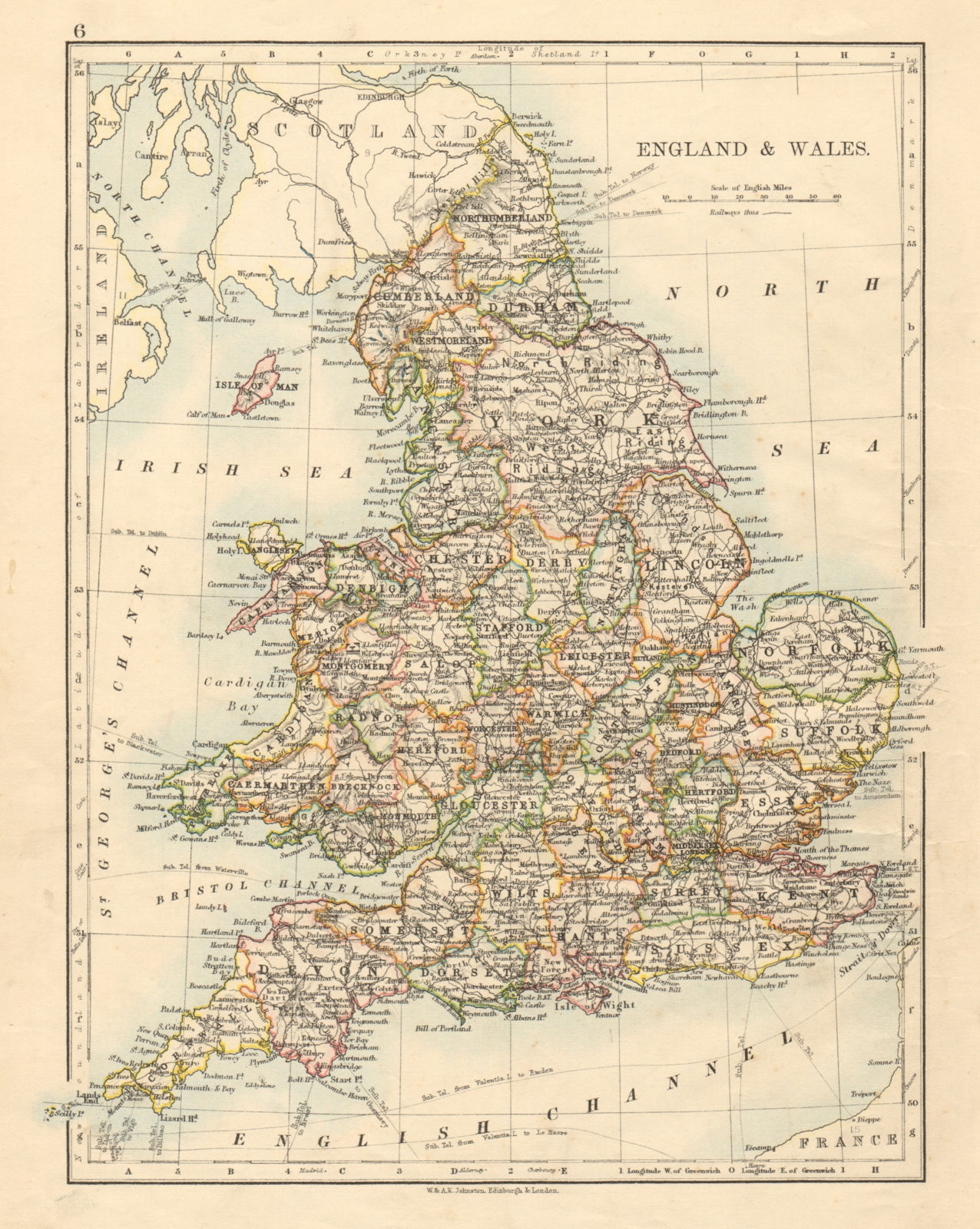 Associate Product ENGLAND AND WALES Counties Westmorland Telegraph cables JOHNSTON 1892 old map