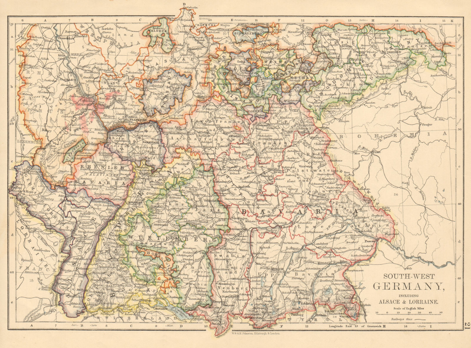 SOUTHERN GERMANY Bavaria Wurtemberg Saxony Alsace German Lorraine 1892 old map