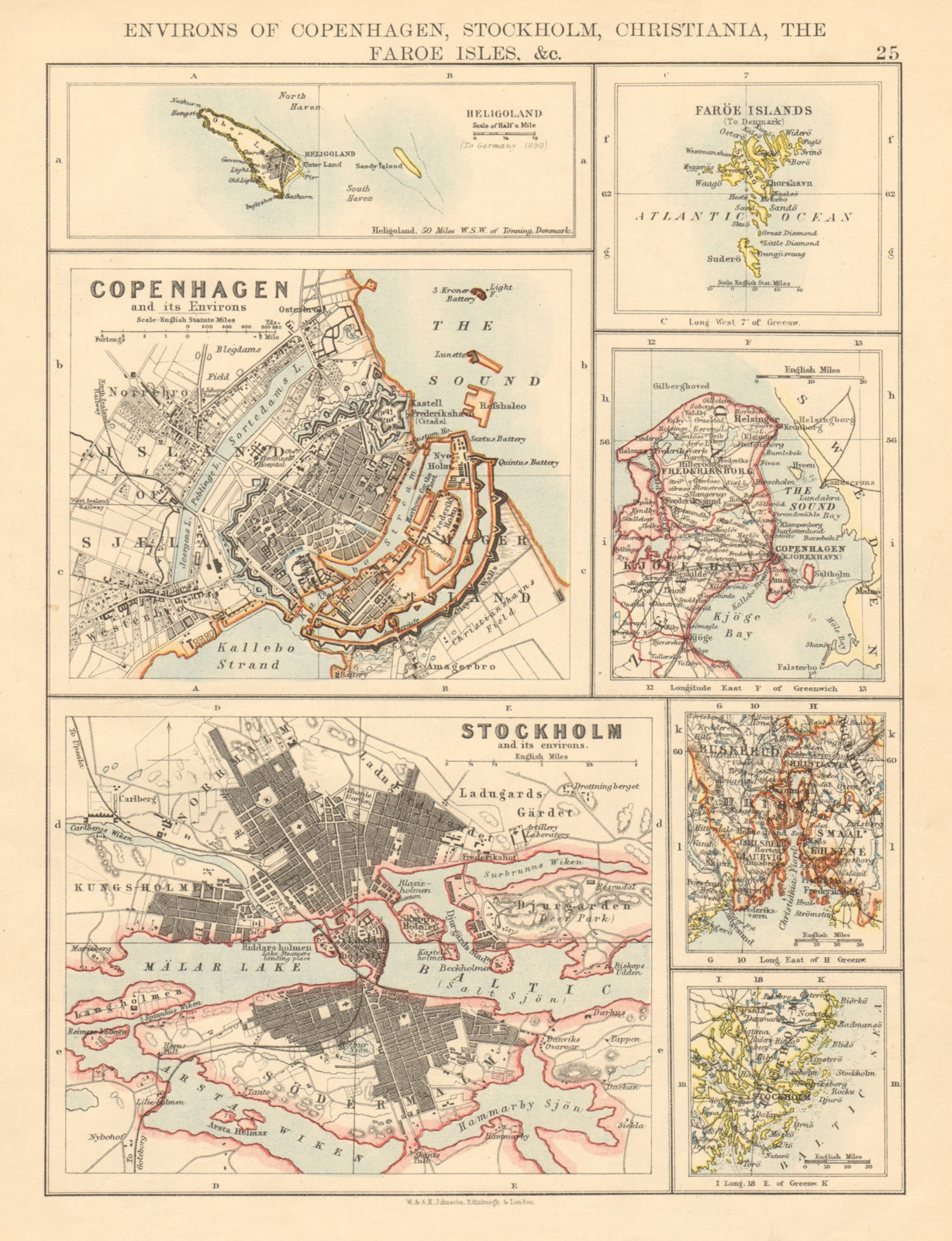 SCANDINAVIAN CITIES Copenhagen Stockholm Oslo Heligoland JOHNSTON 1892 old map