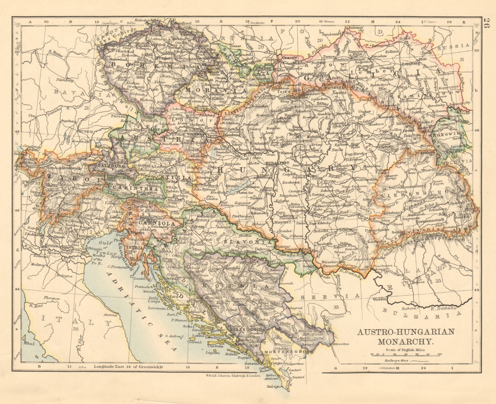 AUSTRO-HUNGARIAN MONARCHY Dalmatia Slavonia Siebenburgen &c JOHNSTON 1892 map