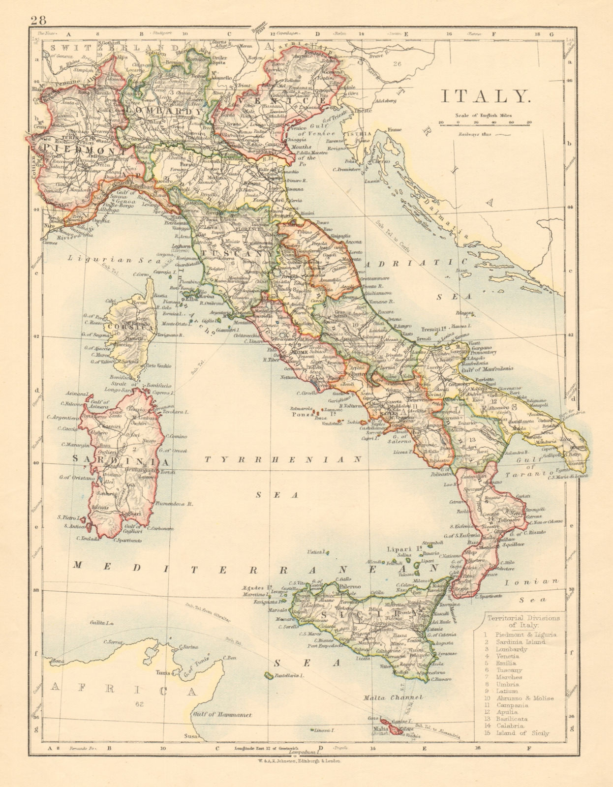 ITALY showing states/territorial divisions w/o South Tyrol JOHNSTON 1892 map