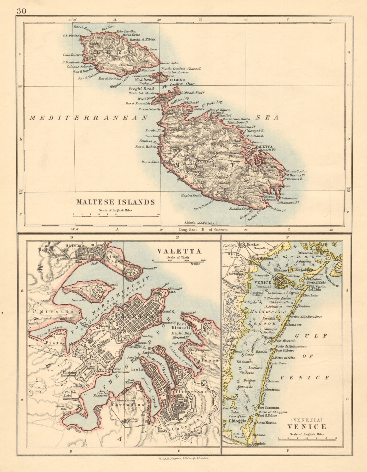 Associate Product MALTESE ISLANDS Malta Gozo Valetta city town plan +Venice JOHNSTON 1892 map