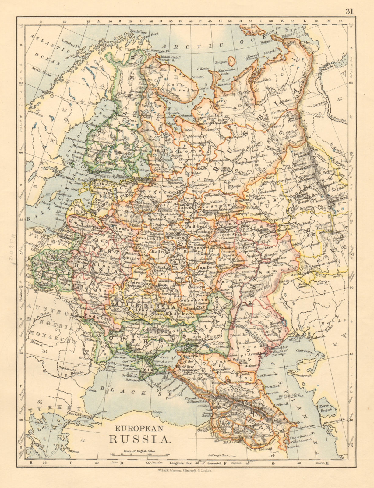 EUROPEAN RUSSIA Great/Little/West/South Russia Poland JOHNSTON 1892 old map