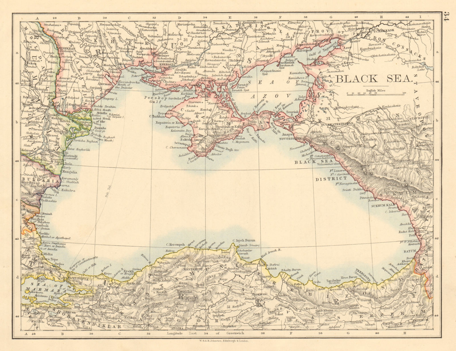 BLACK SEA Russia Turkey Crimea Romania Bulgaria Kutais JOHNSTON 1892 old map