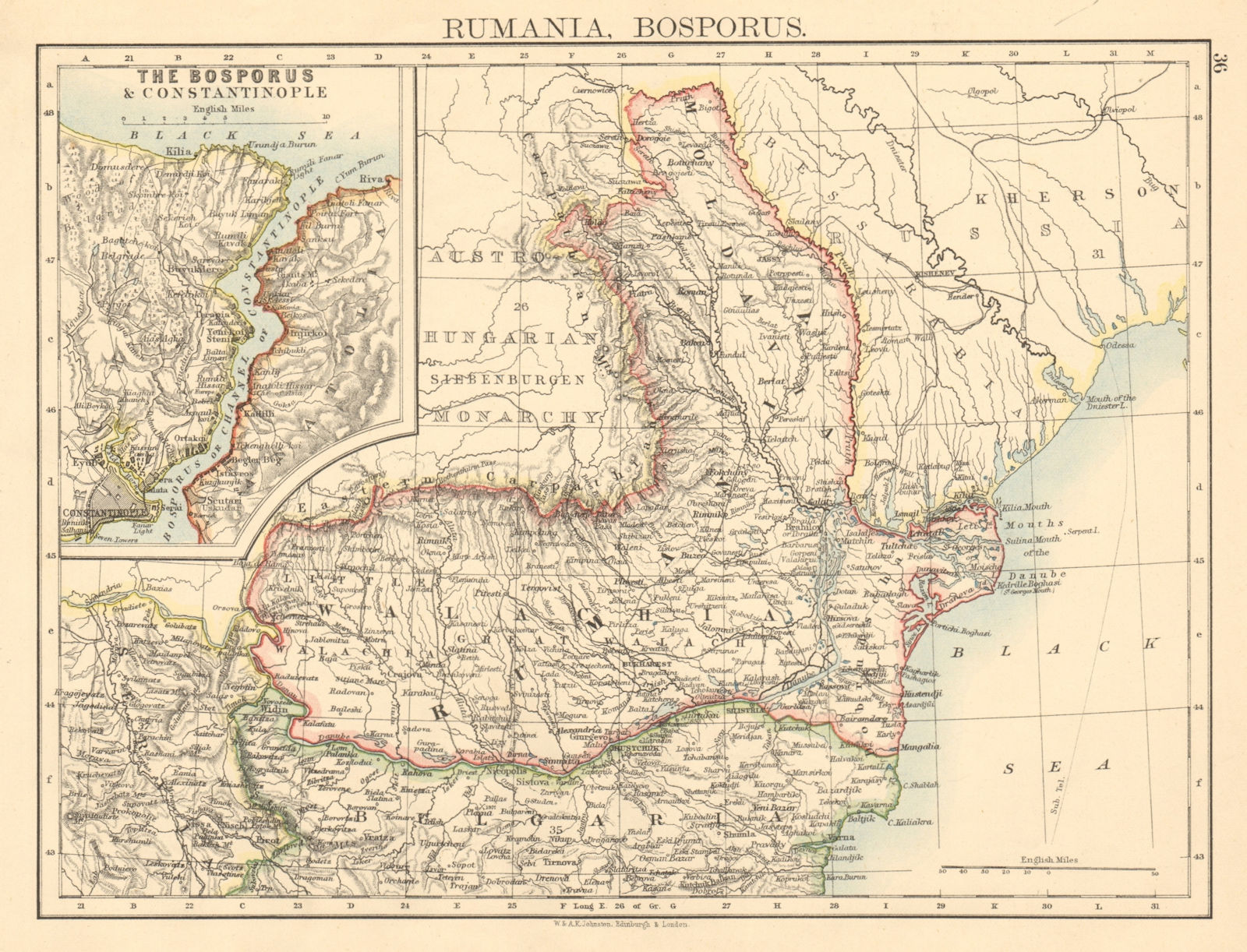 ROMANIA & BOSPHORUS Rumania Wallachia Moldavia Moldova JOHNSTON 1892 map