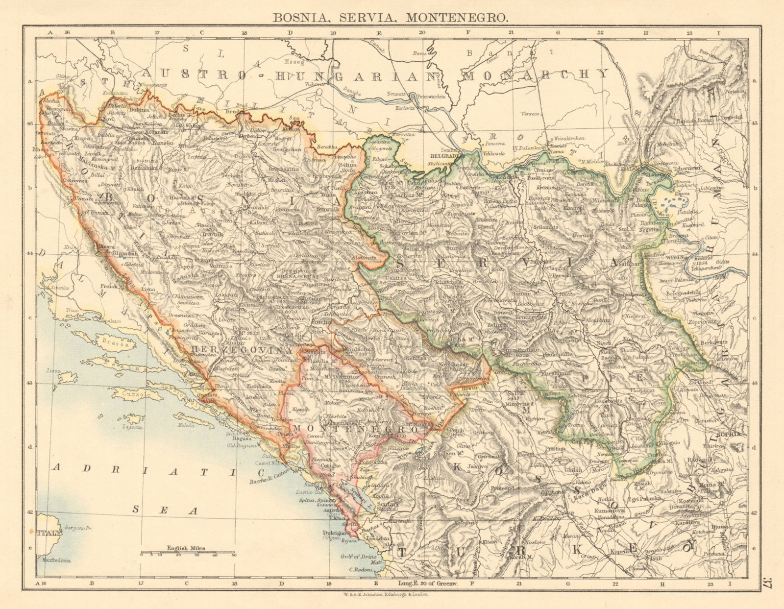 BOSNIA SERVIA MONTENEGRO Balkans Serbia Croatia Herzegovina JOHNSTON 1892 map