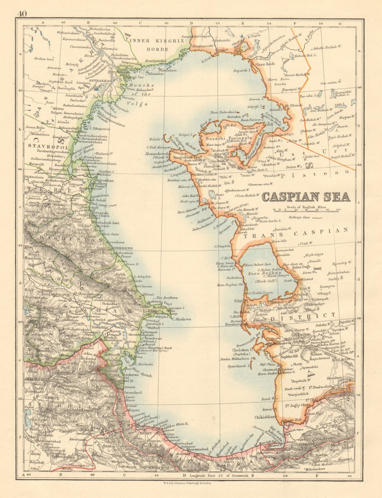 CASPIAN SEA Baku Persia Astrakan "Inner Kirghiz Horde" JOHNSTON 1892 old map