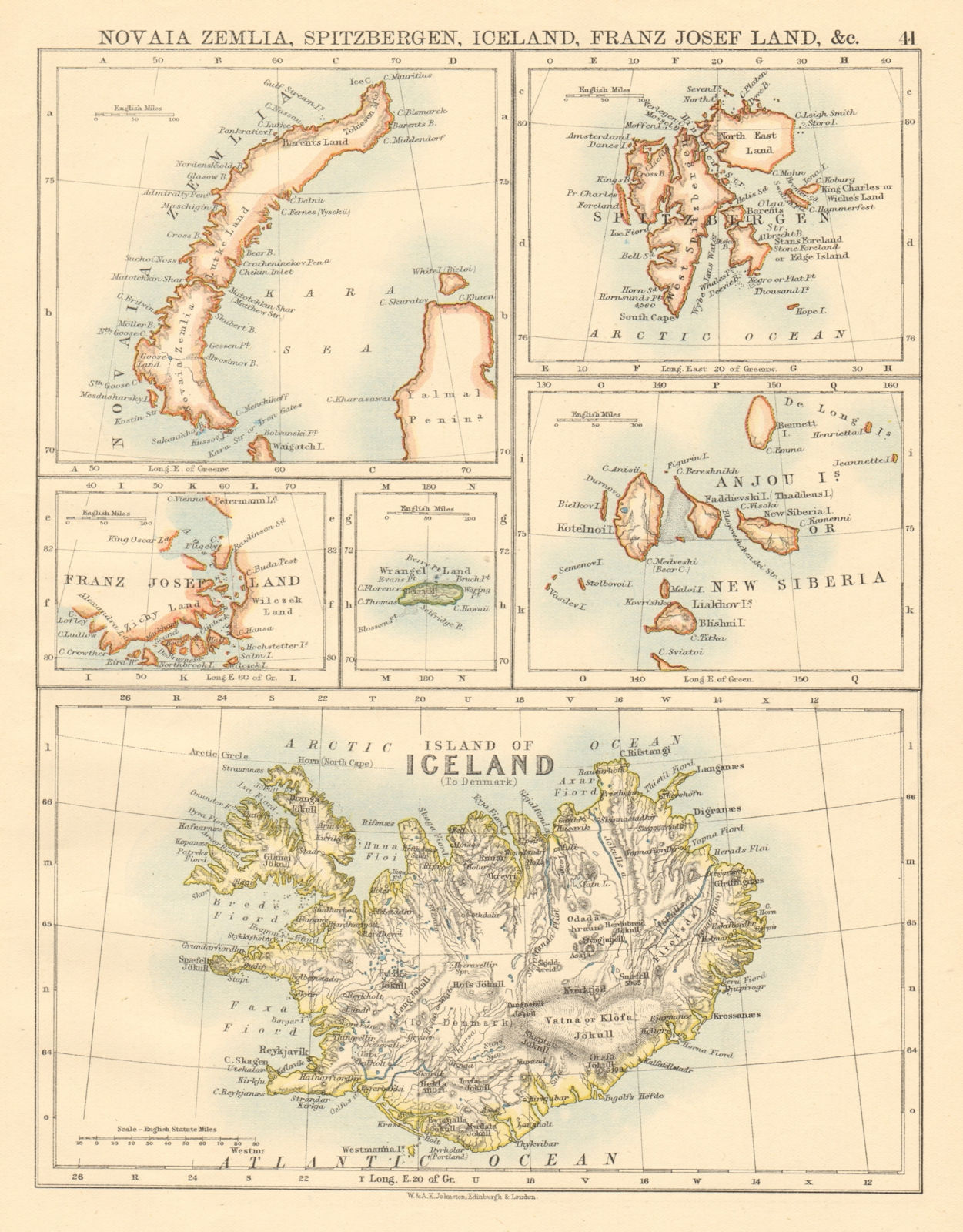 ARCTIC ISLANDS Iceland Spitsbergen Franz Josef Land Novaya Zemlya 1892 old map