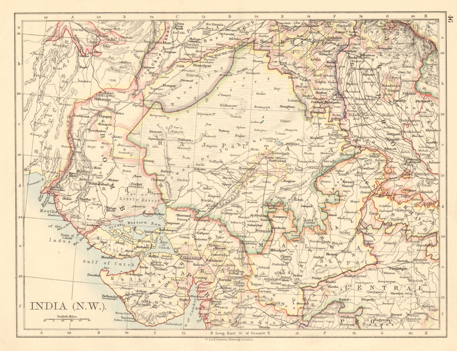 BRITISH INDIA NW Rajputana (Rajasthan) Sindh Gujarat Malwa JOHNSTON 1892 map