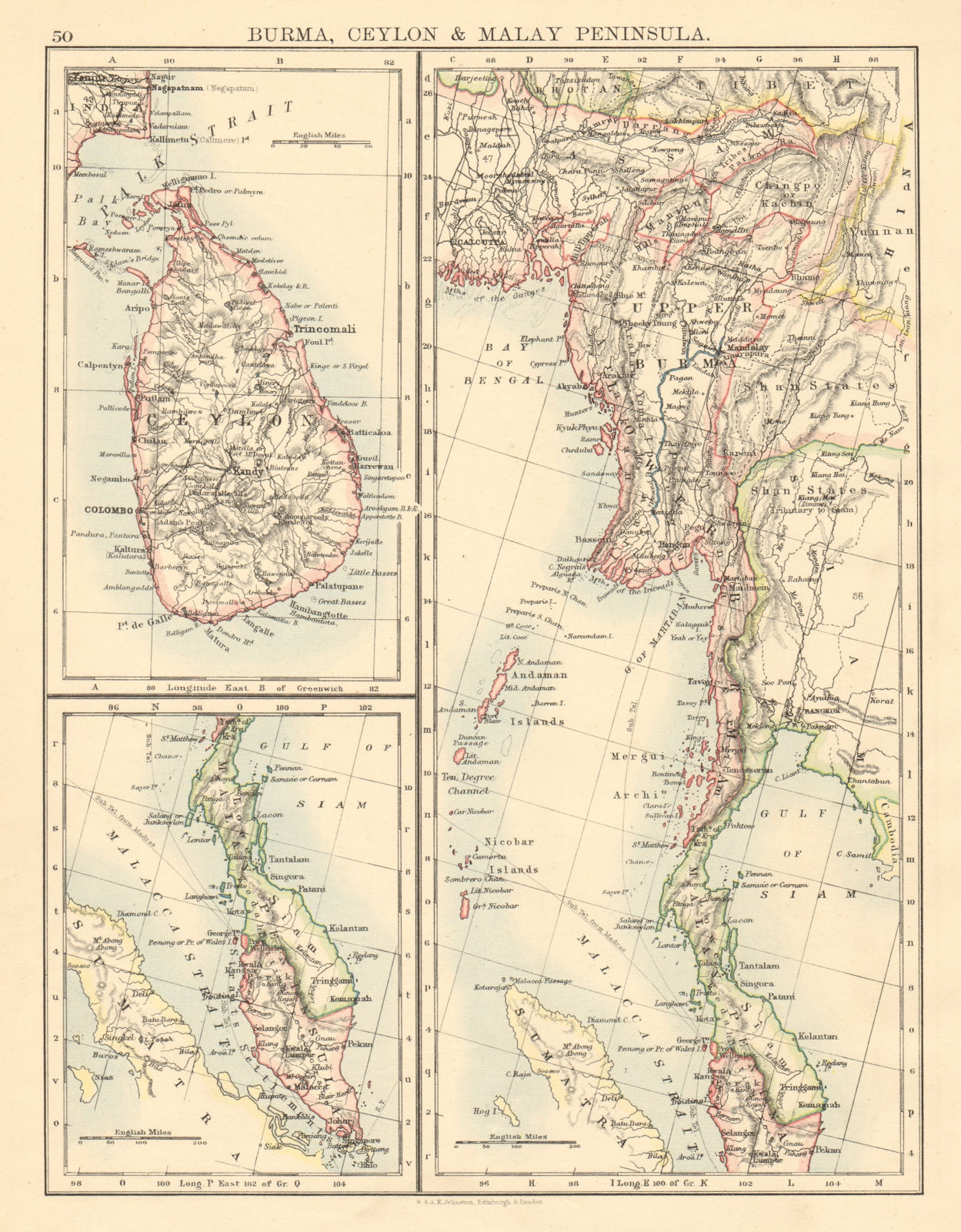 BURMA CEYLON SIAM MALAY PENINSULA Assam Singapore Thailand 1892 old map
