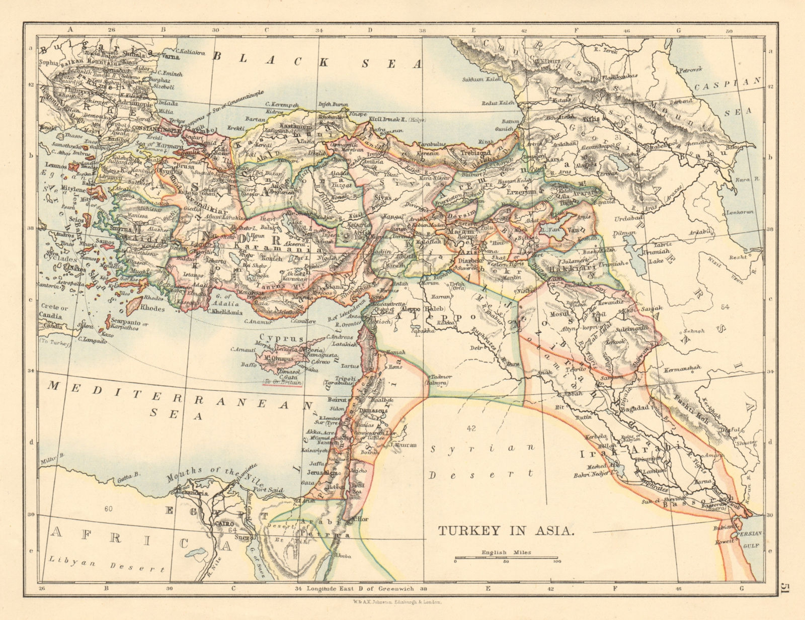 OTTOMAN TURKEY IN ASIA Cyprus Levant Mesopotamia Palestine JOHNSTON 1892 map