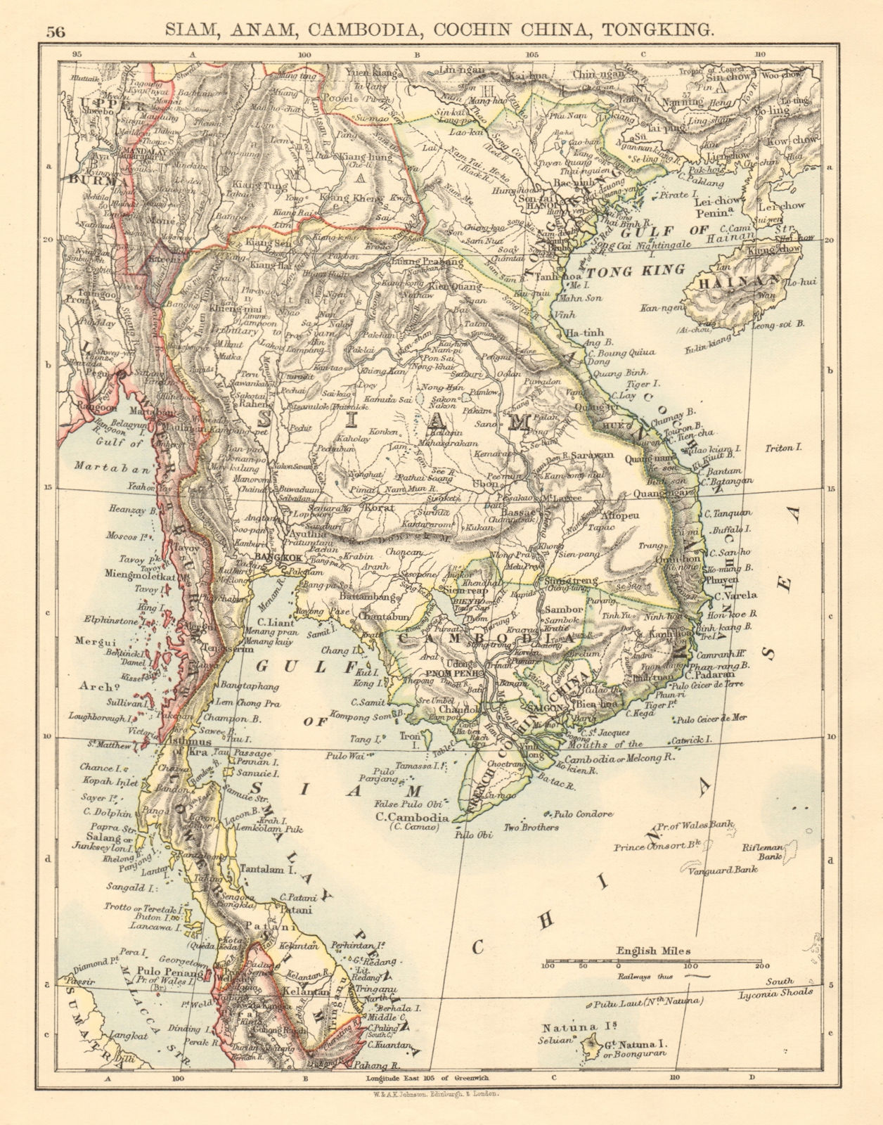 INDOCHINA Siam Thailand Burma Cambodia Anam Cochin China Anam 1892 old map