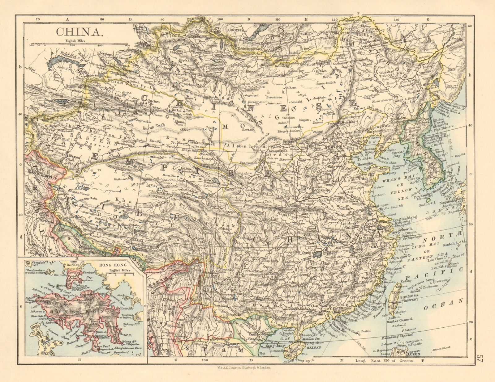 Associate Product CHINESE EMPIRE China East Asia Tibet Mongolia. Hong Kong inset 1892 old map