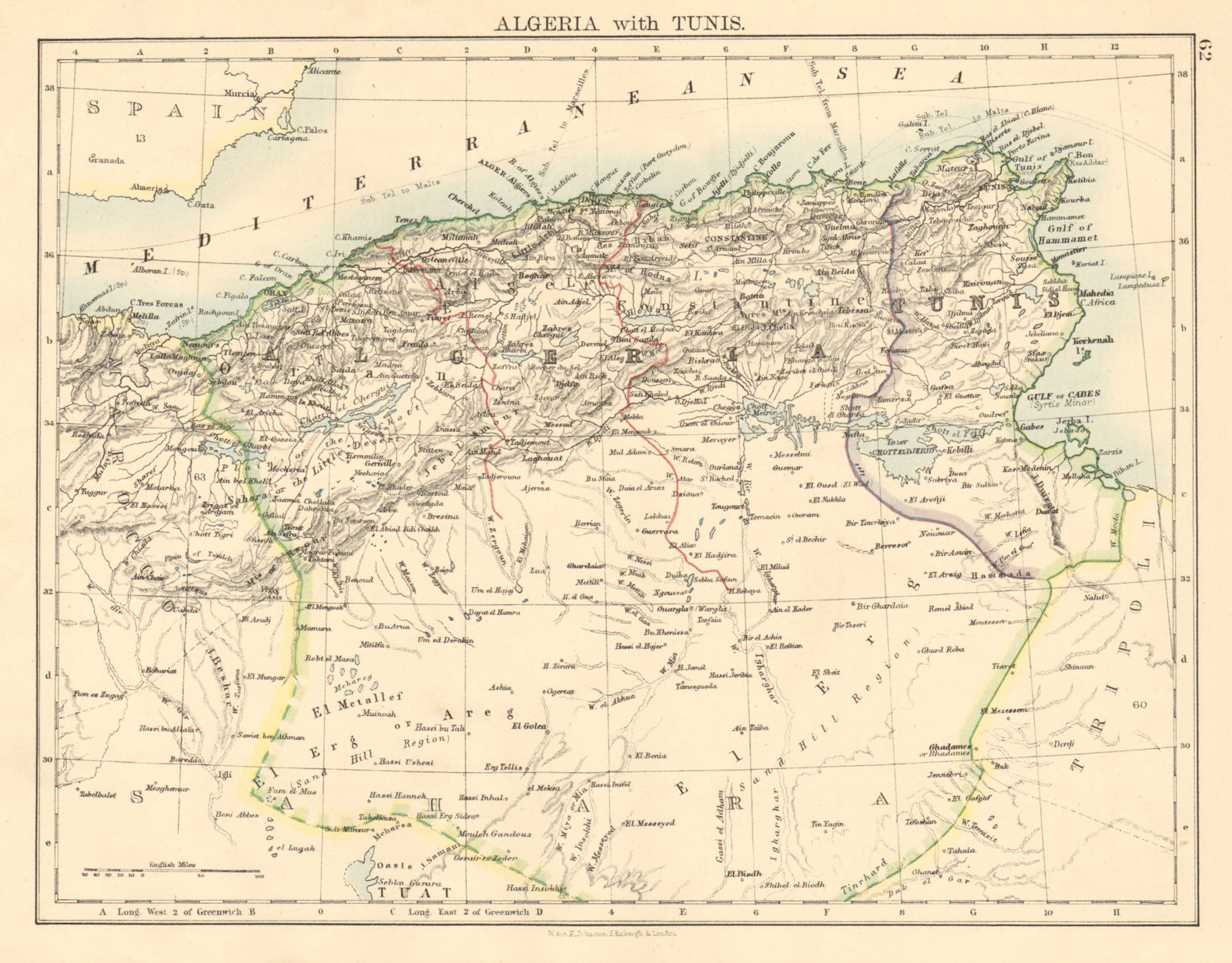 ALGERIA & TUNIS Maghreb Tunisia Provinces Telegraph cables JOHNSTON 1892 map