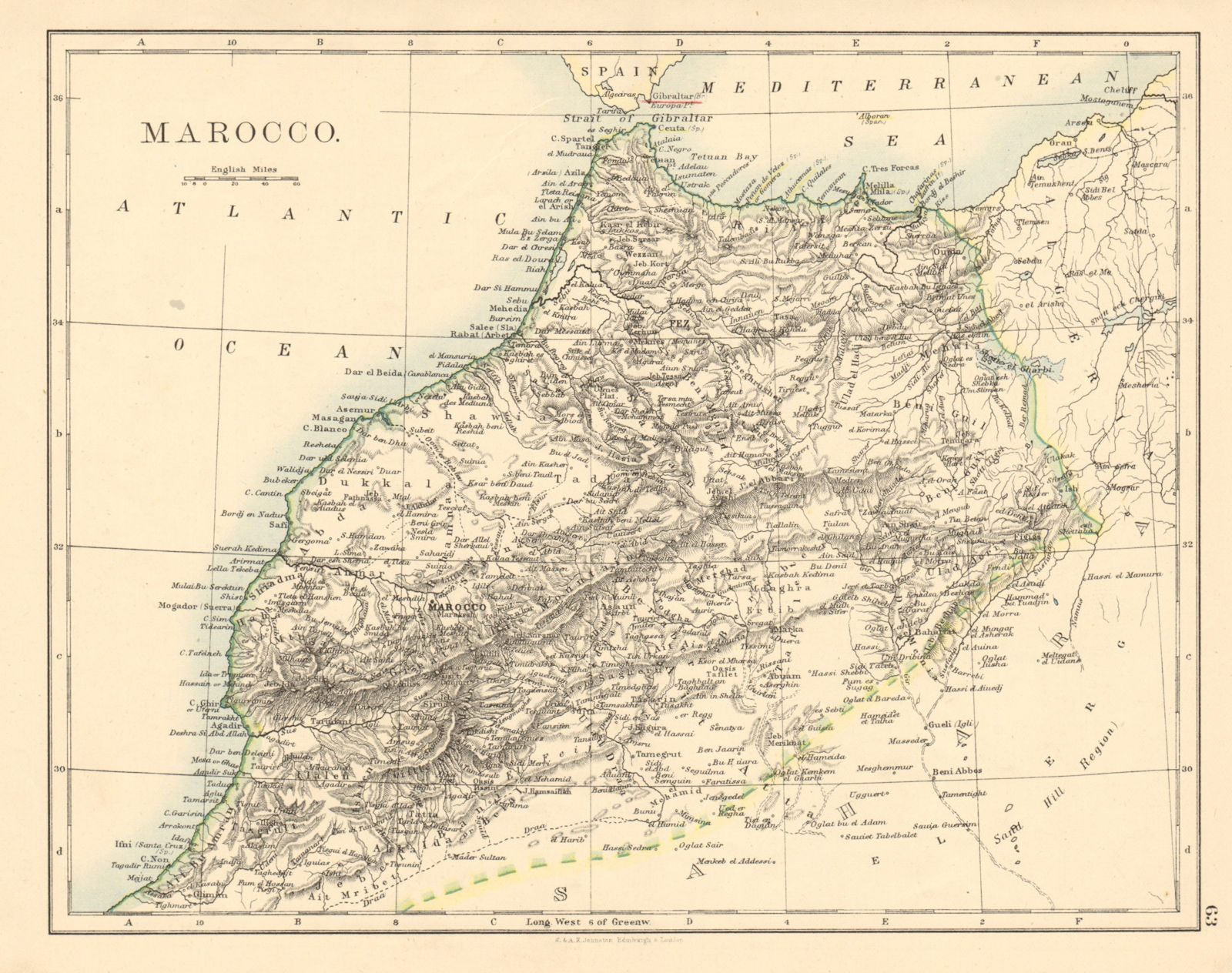 MOROCCO showing Atlas mountains rivers towns Marrakech JOHNSTON 1892 old map