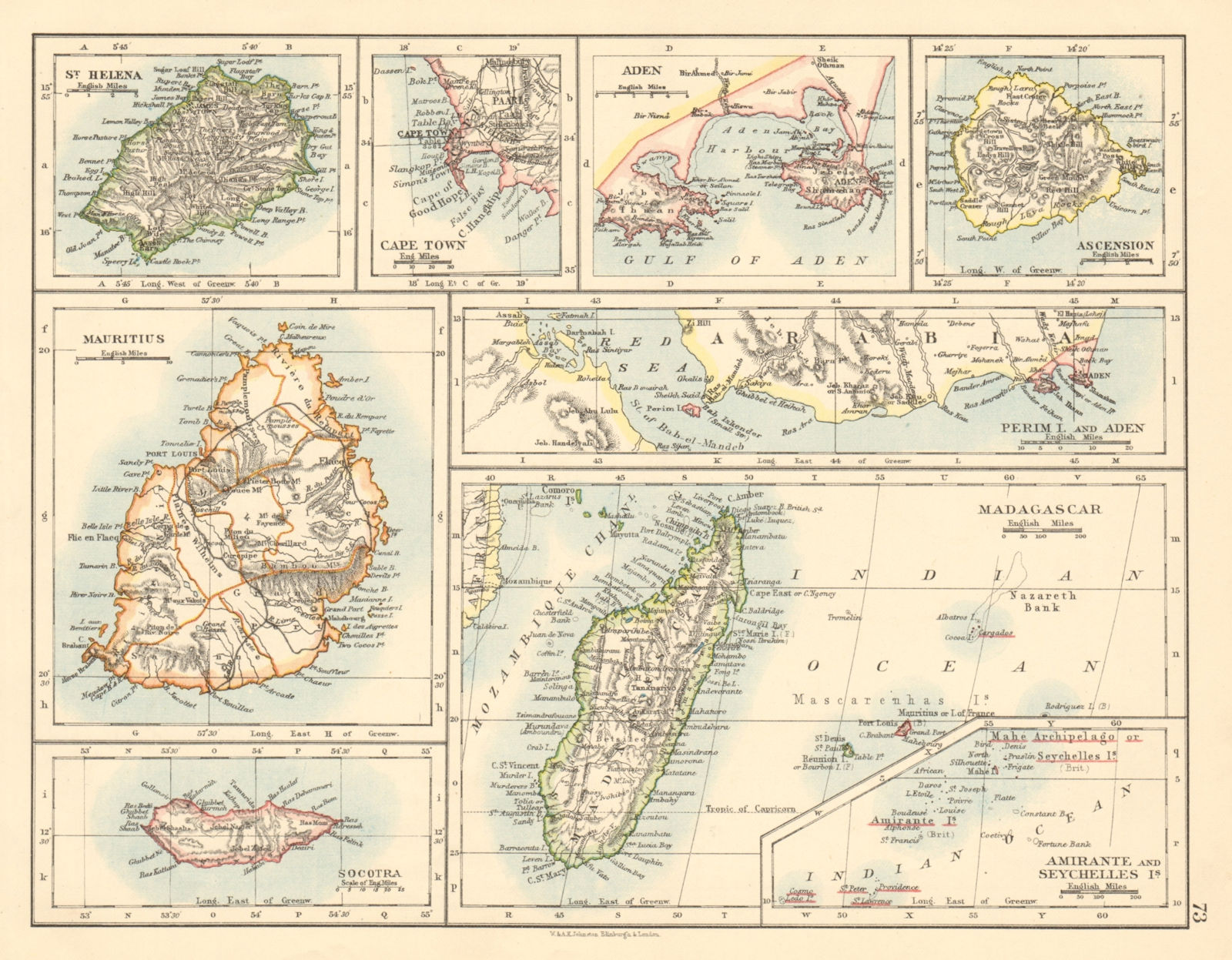 AFRICAN ISLANDS Mauritius Madagascar St Helena Ascension Socotra 1892 old map