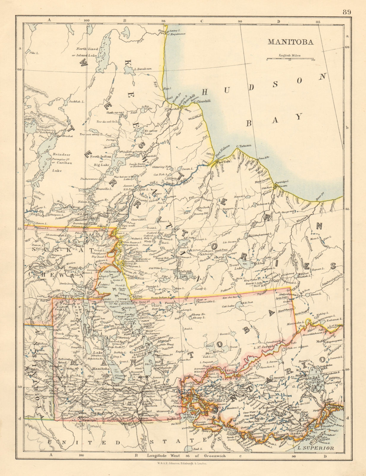 MANITOBA includes eastward extension now part of Ontario JOHNSTON 1892 old map