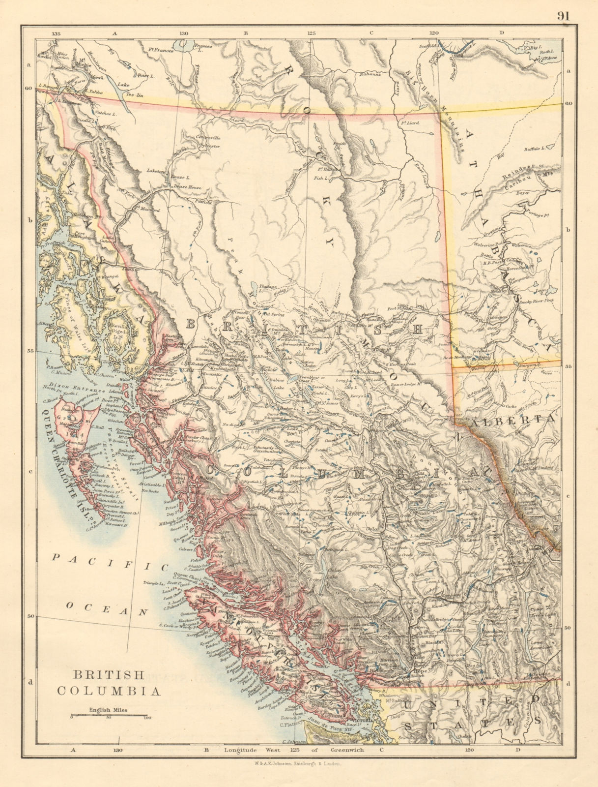 BRITISH COLUMBIA Province map Railroads Vancouver island JOHNSTON 1892 old