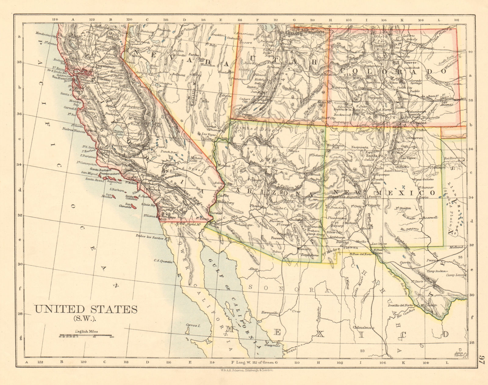 USA SOUTH WEST California Arizona NM Colorado Utah Nevada JOHNSTON 1892 map