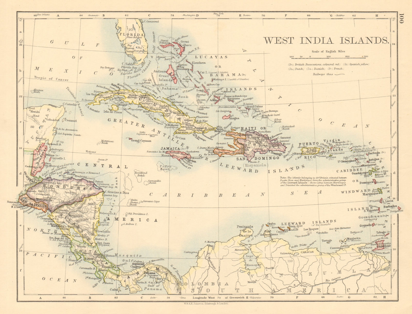 WEST INDIA ISLANDS Caribbean Lucayas Caribbee Cuba JOHNSTON 1892 old map